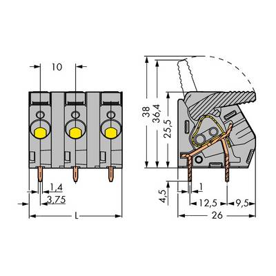 Disegno tecnico di un connettore a tre poli. A sinistra: vista frontale con dimensioni. A destra: vista laterale con contatti dei fili.