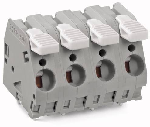 Morsetto a molla grigio, a quattro poli, con leve bianche, per connessioni elettriche.