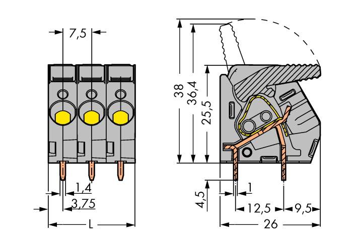 Disegno tecnico di un connettore tripolare con quote dimensionali. A sinistra: vista frontale, a destra: vista laterale con sezione di taglio.