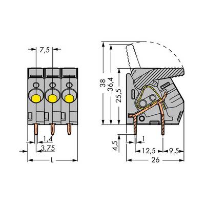 Disegno tecnico di un connettore tripolare con quote dimensionali. A sinistra: vista frontale, a destra: vista laterale con sezione di taglio.