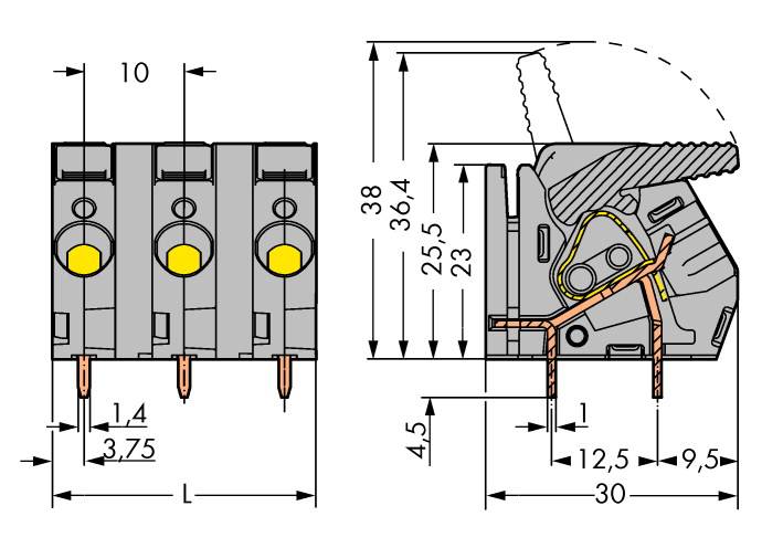 Disegno tecnico di una spina con tre connettori. Le misure e la sezione trasversale mostrano i dettagli del cablaggio e dei punti di contatto.