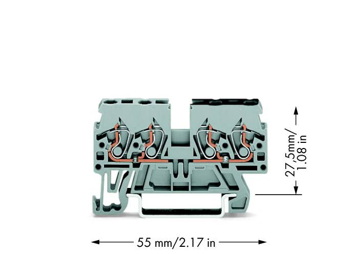 Illustrazione di un blocco morsetti elettrici in serie con dimensioni: larghezza 55 mm, altezza 27,5 mm. Contiene quattro punti di connessione.