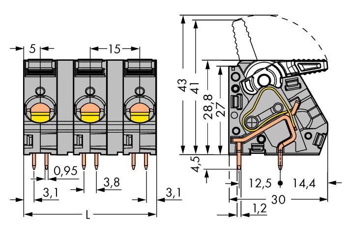 Disegno tecnico di un connettore elettrico con dimensioni in millimetri. Mostra le viste frontale e laterale destra.