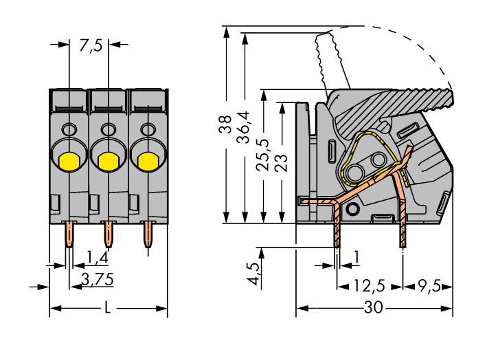 Disegno tecnico di un connettore elettrico con dimensioni. Vista laterale e frontale con indicazioni delle misure in millimetri.