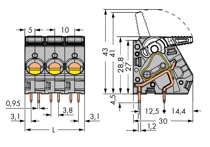 Disegno tecnico di un connettore con vista dettagliata. Mostra le dimensioni e la struttura di cablaggio interno.
