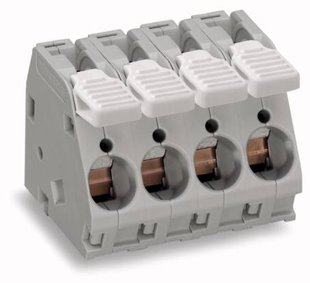 Connettore a cavo grigio, a quattro poli, con contatti in rame e pulsanti bianchi. Utilizzato per connessioni elettriche e cablaggi.