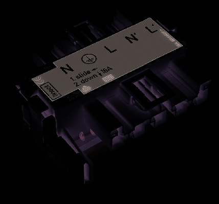 Un componente elettrico con diversi terminali e un'etichetta che riporta 'N', 'L', '1 slide 2 down 16A'.