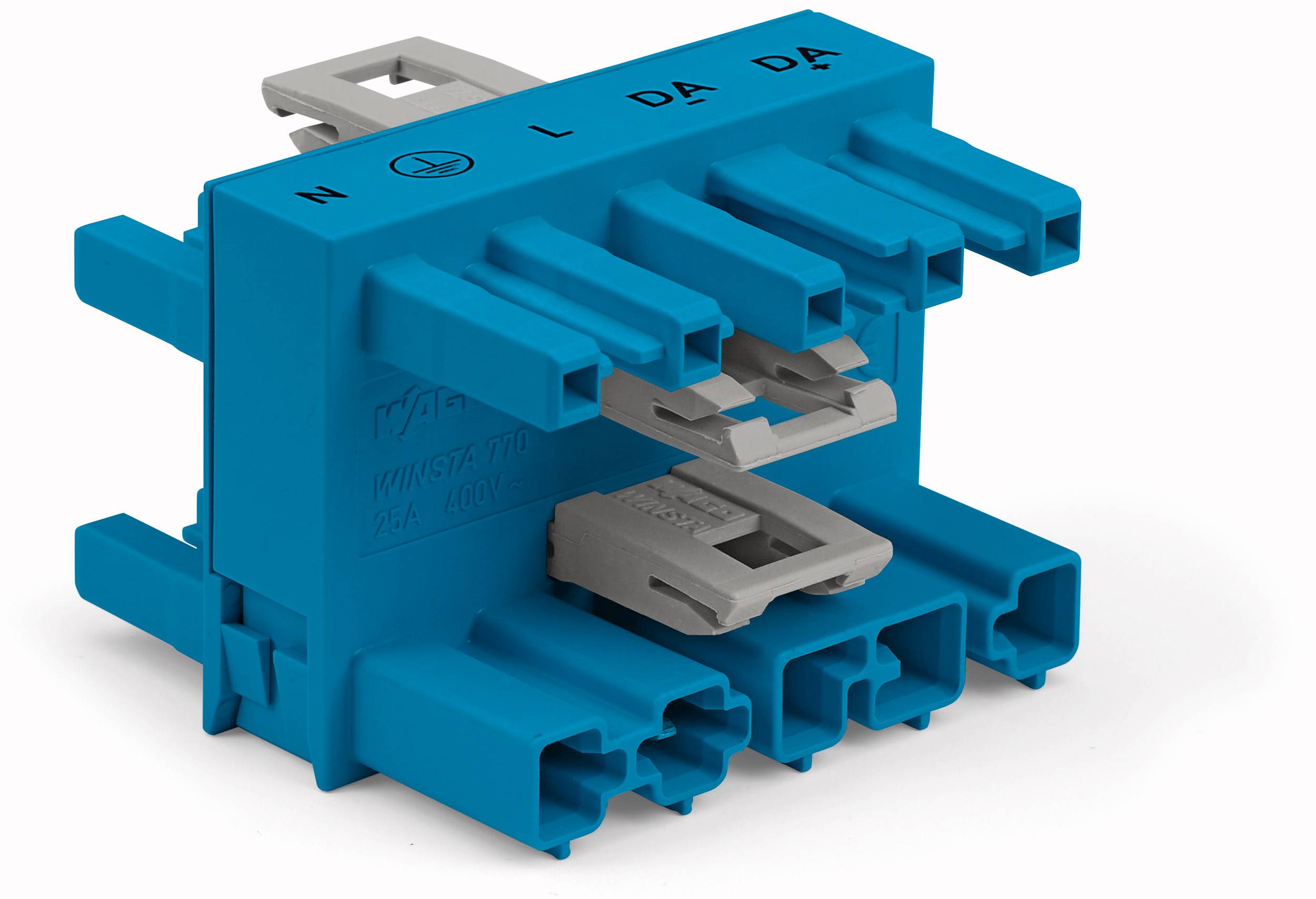 Connettore elettrico blu con più ingressi, contrassegnato con 'N', 'L', 'DA', per il collegamento di cablaggi.