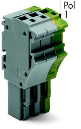 Elemento di connessione elettrica grigio e verde, etichettato con 'Pol 1', mostra un componente per applicazioni elettriche.