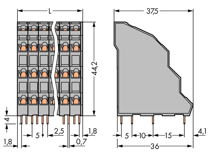 WAGO 738-208 Morsetto a molla 2.50 mm² Numero Poli (num) 32 Grigio 18 pz.