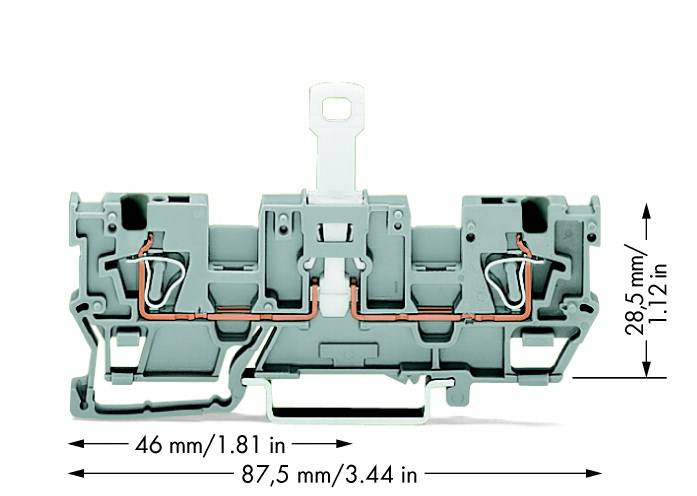Morsettiera elettrica grigio-verde con dimensioni: larghezza 46 mm/1,81 pollici, altezza 28,5 mm/1,12 pollici, profondità 87,5 mm/3,44 pollici.