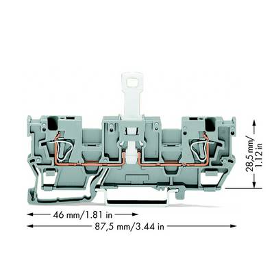 Morsettiera elettrica grigio-verde con dimensioni: larghezza 46 mm/1,81 pollici, altezza 28,5 mm/1,12 pollici, profondità 87,5 mm/3,44 pollici.