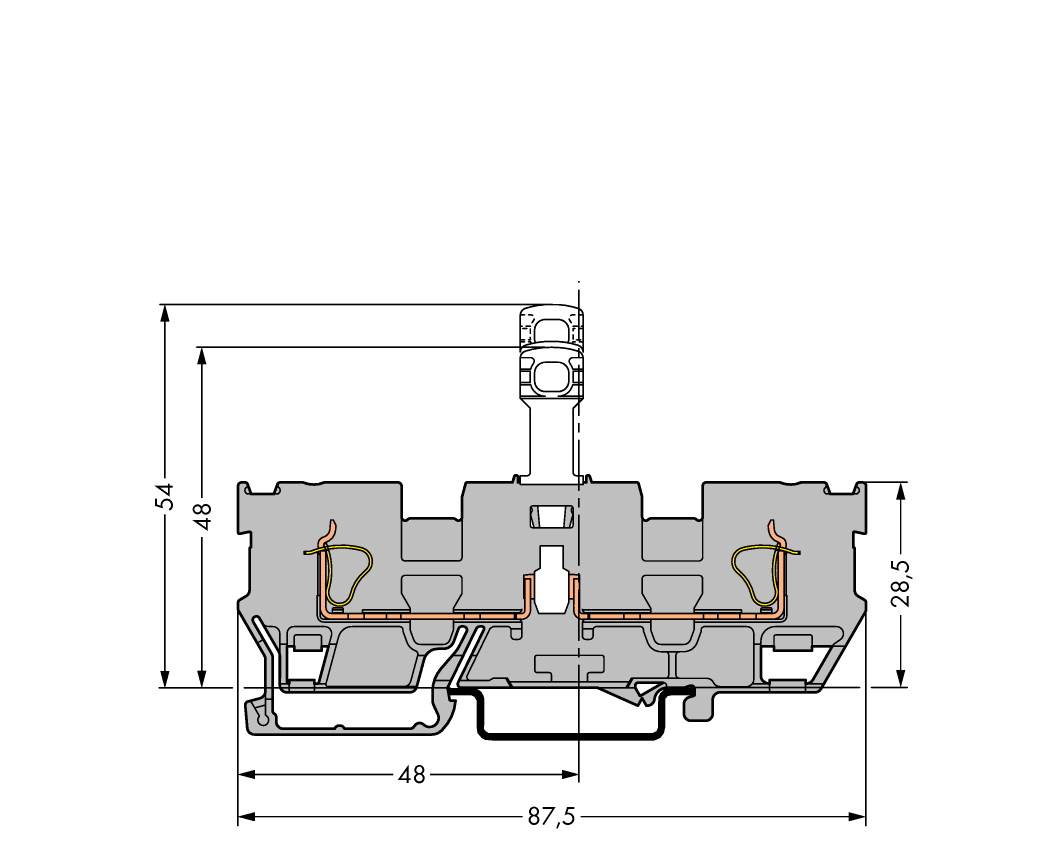 Sezione trasversale di un disegno tecnico di un profilo in alluminio con dimensioni: larghezza 87,5 mm, altezza 54 mm, profondità 28,5 mm.