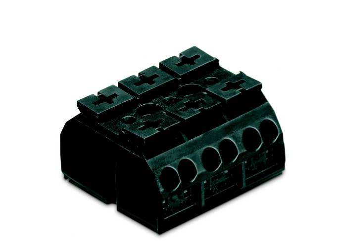 Morsetto di connessione nero a sei poli con segni più e meno; utilizzato per collegare in modo sicuro i cavi elettrici.