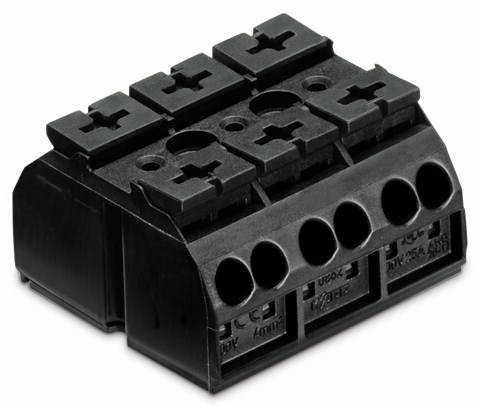 Un morsetto nero, multipolare, con cinque punti di connessione per il fissaggio dei cavi.
