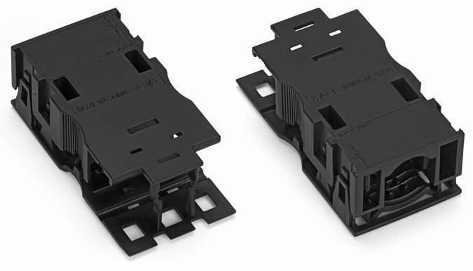 Supporti in plastica nera con scanalature ed elementi di fissaggio, idonei per applicazioni di montaggio o cablaggio.