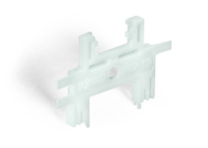 Supporto bianco in plastica con più traverse verticali e orizzontali. Nome del produttore sulla superficie.