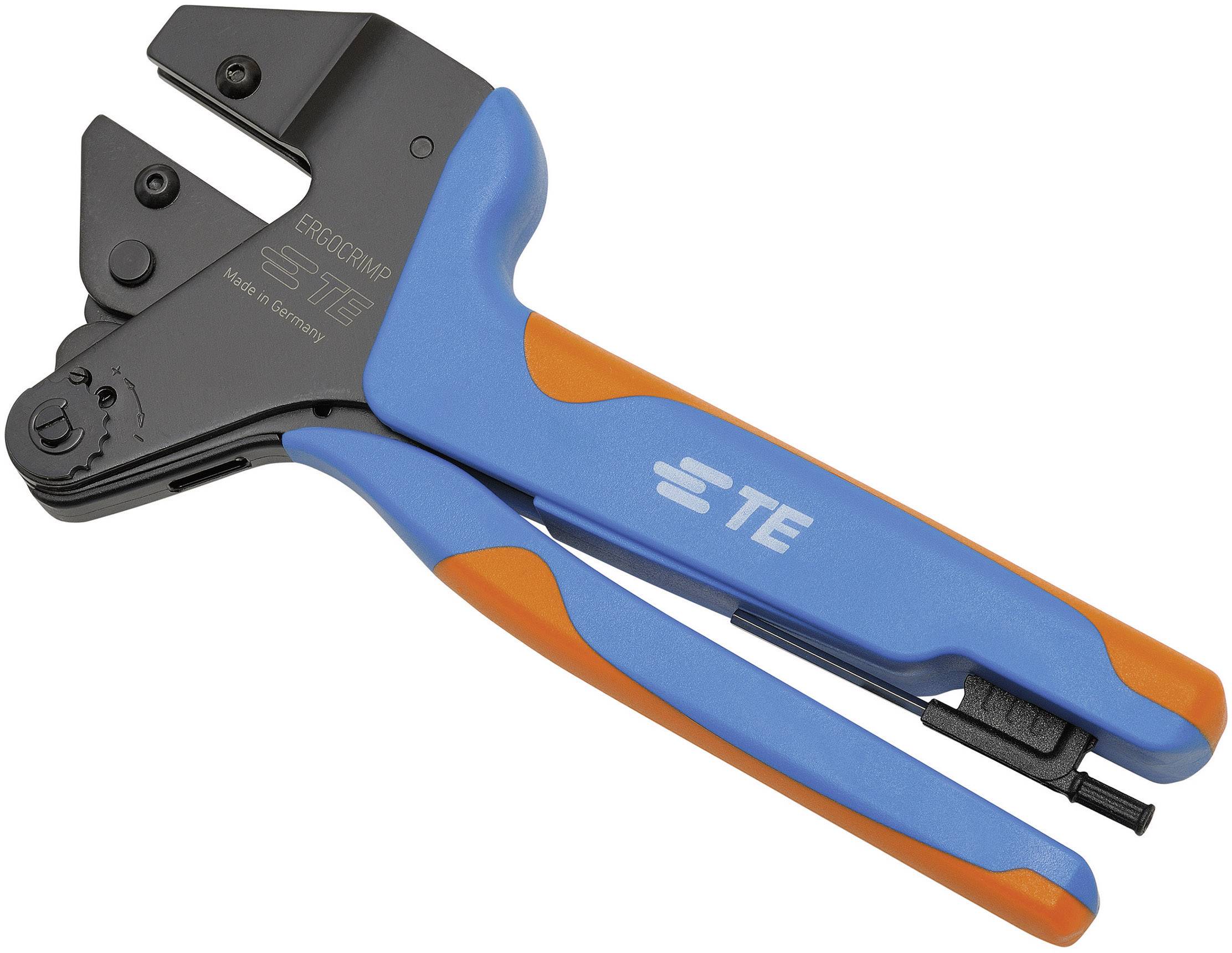 Pinza crimpatrice manuale di TE Connectivity, modello ErgoCrimp, con impugnature blu e arancioni, per la crimpatura precisa dei cavi.