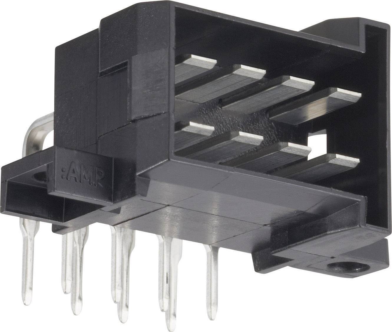 Connettore nero, rettangolare in plastica con più perni metallici, visibile di lato. Utilizzato per connessioni elettriche.