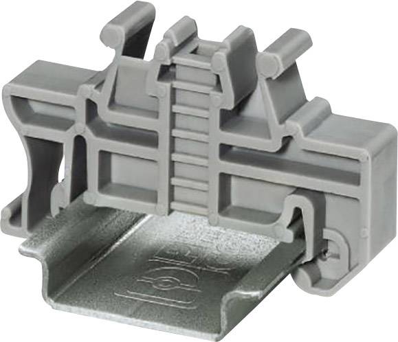 Custodia grigia per morsetti in plastica con design meccanico complesso, utilizzata per connessioni elettriche su guida metallica.