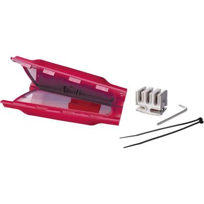 Un involucro protettivo rosso per cavi, completo di accessori come fascette e un piccolo clip bianca, utilizzato per connessioni elettriche sicure.
