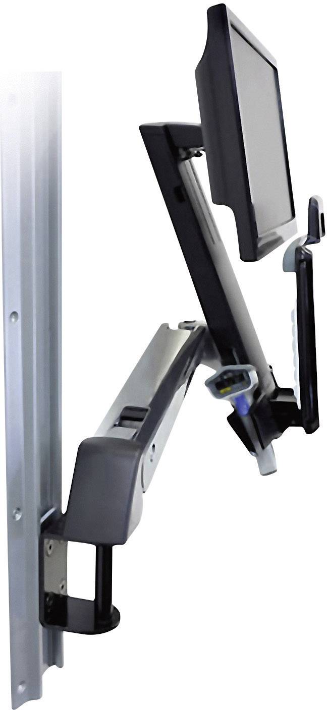 Supporto da parete con braccio regolabile per un monitor. Il braccio consente l'inclinazione e la rotazione dello schermo per un adattamento ergonomico.