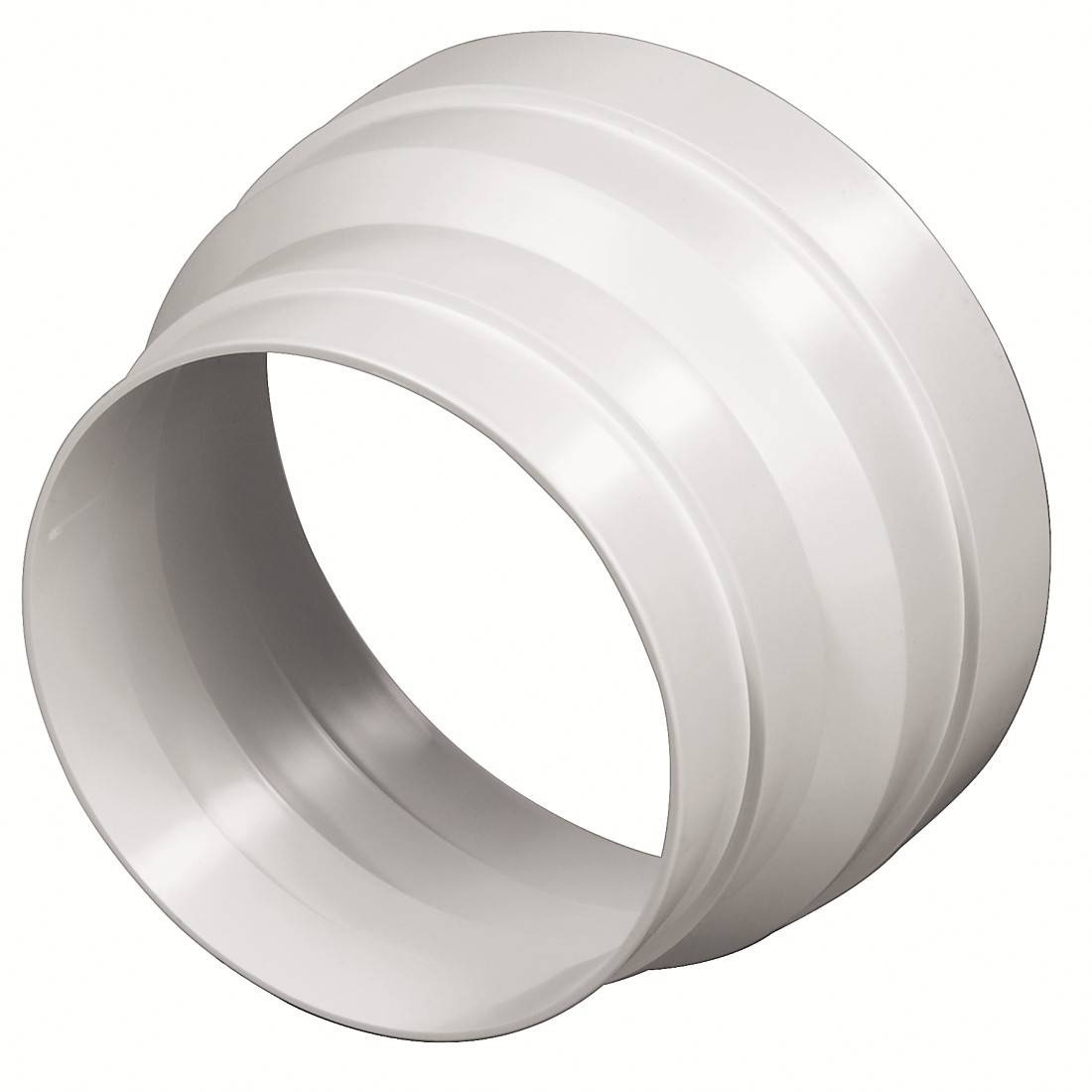 Un raccordo in plastica bianco, rotondo e scanalato, probabilmente adatto per condotti di ventilazione o scarico fognario.
