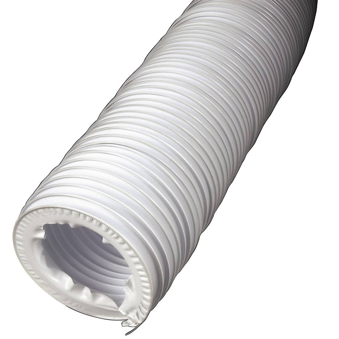 Un tubo di ventilazione bianco e flessibile utilizzato per sistemi di climatizzazione o aerazione.