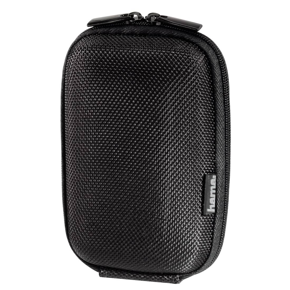 Un piccolo astuccio nero per fotocamera, strutturato, con cerniera e un gancio per un facile attacco.