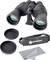 Set di binocolo con grande binocolo nero, due coperchi per lenti, un panno grigio per la pulizia e una cinghia regolabile.
