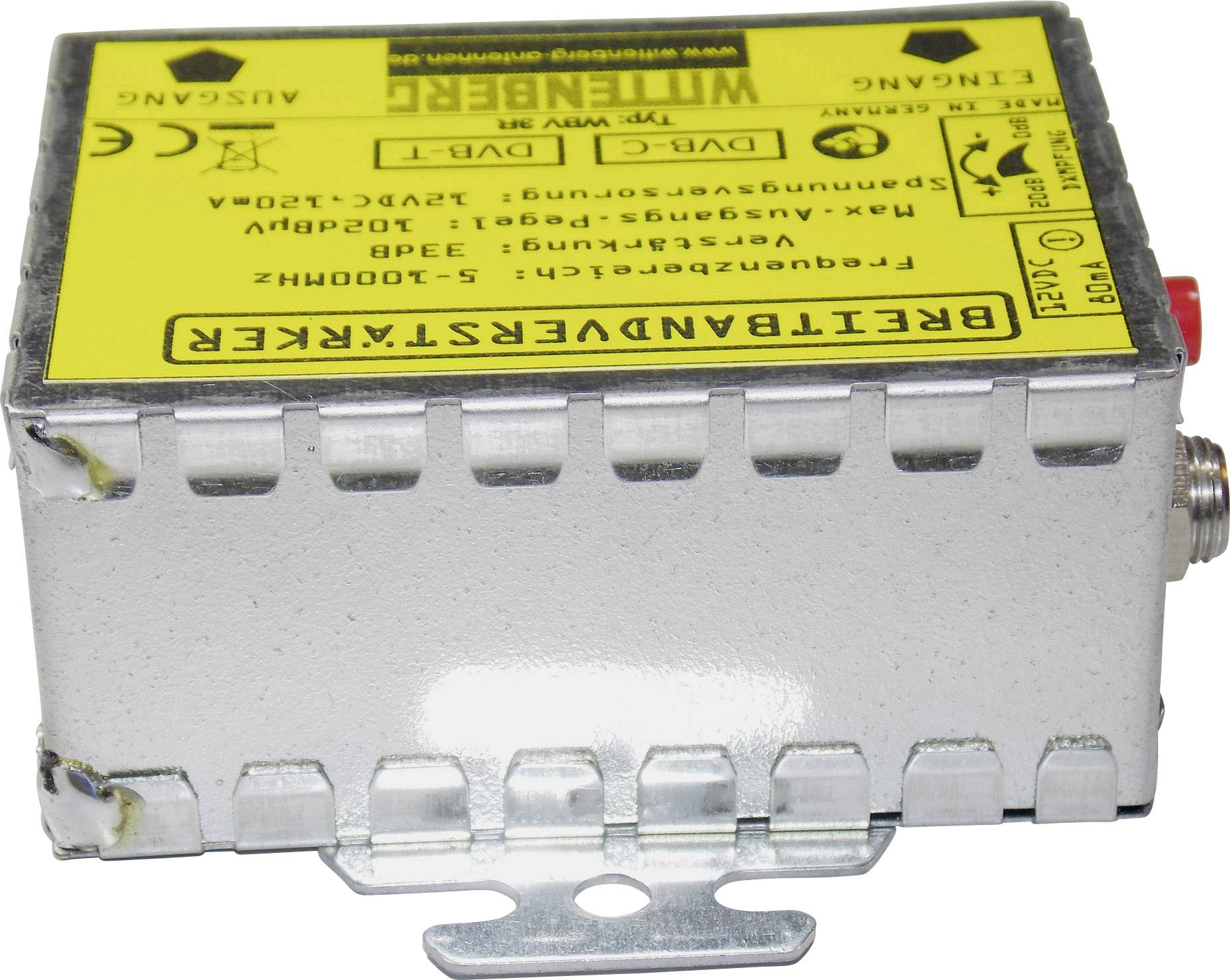 'Wittemberg Amplificatore d'Antenna' involucro in Giallo e Grigio con specifiche tecniche e un interruttore rosso.