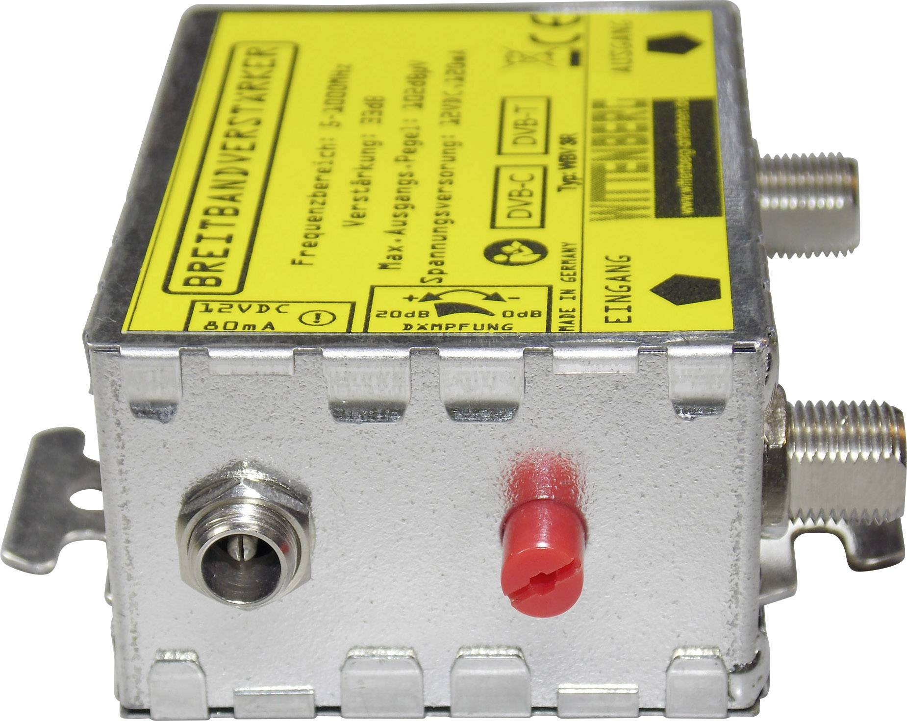 Un componente elettrico con un cartello giallo, identificato come 'Amplificatore a banda larga'. Presenta diversi connettori.