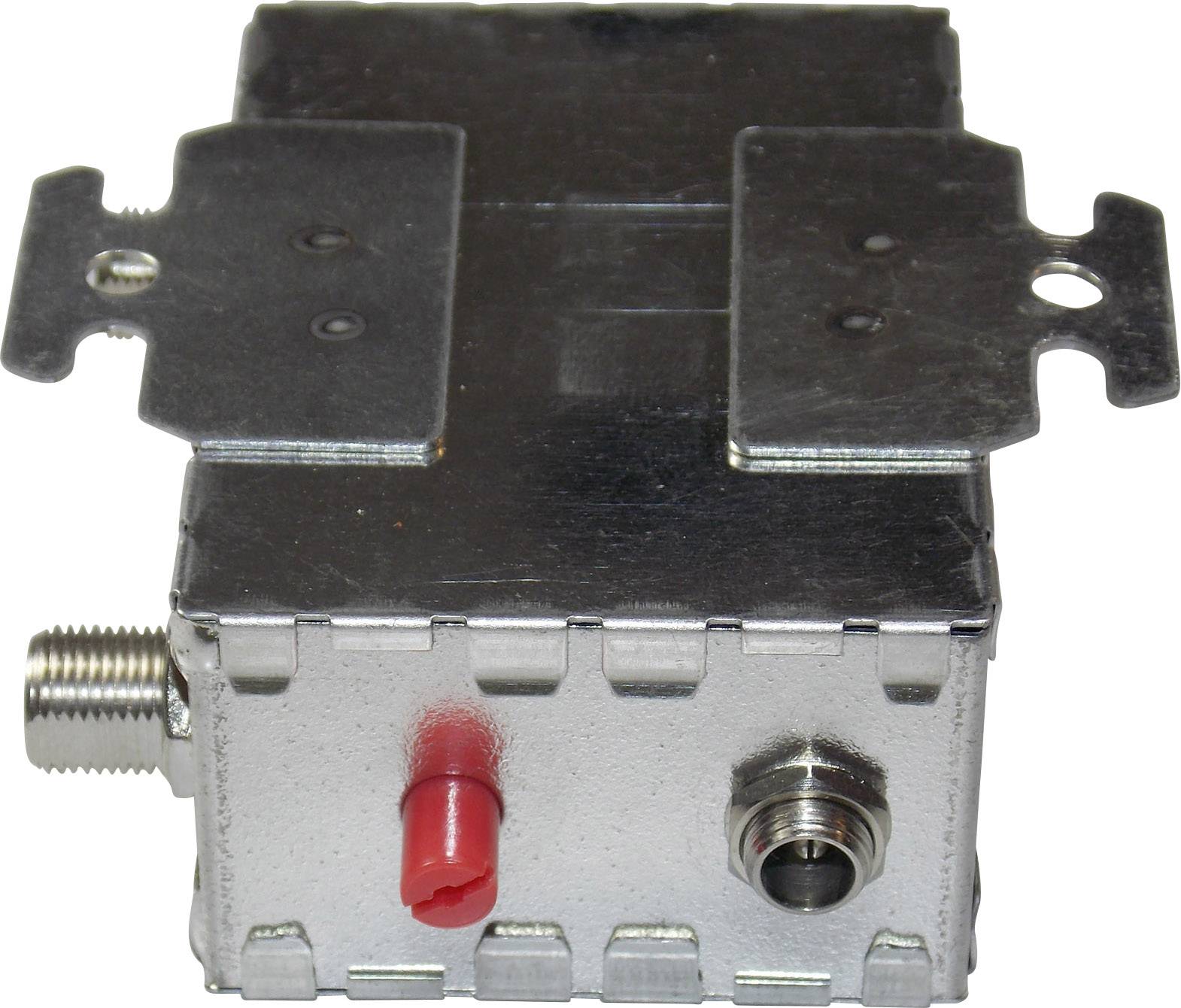 Un dispositivo rettangolare in metallo argentato con connettori e punti di fissaggio, tipicamente utilizzato per apparecchiature elettroniche o ricevitori televisivi.