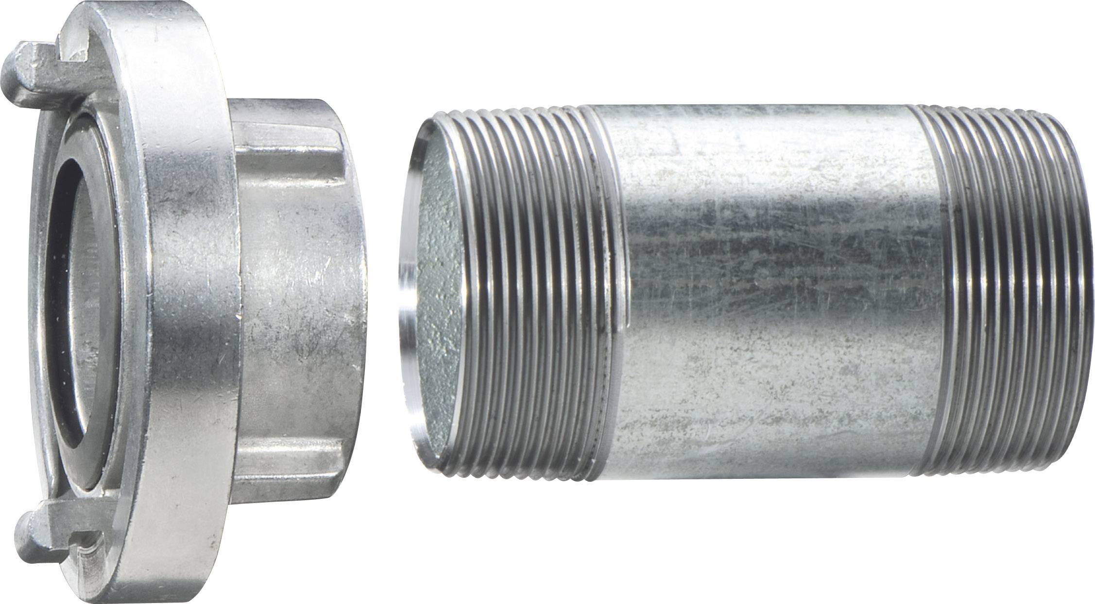 Due parti metalliche argentate: un tappo rotondo e piatto con filettatura e un pezzo di tubo cilindrico con filettatura su entrambe le estremità.