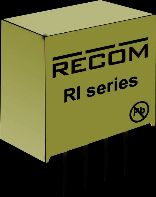 Un componente elettronico blu con la scritta 'RECOM RI series'. Quattro terminali metallici sporgono dal dispositivo.