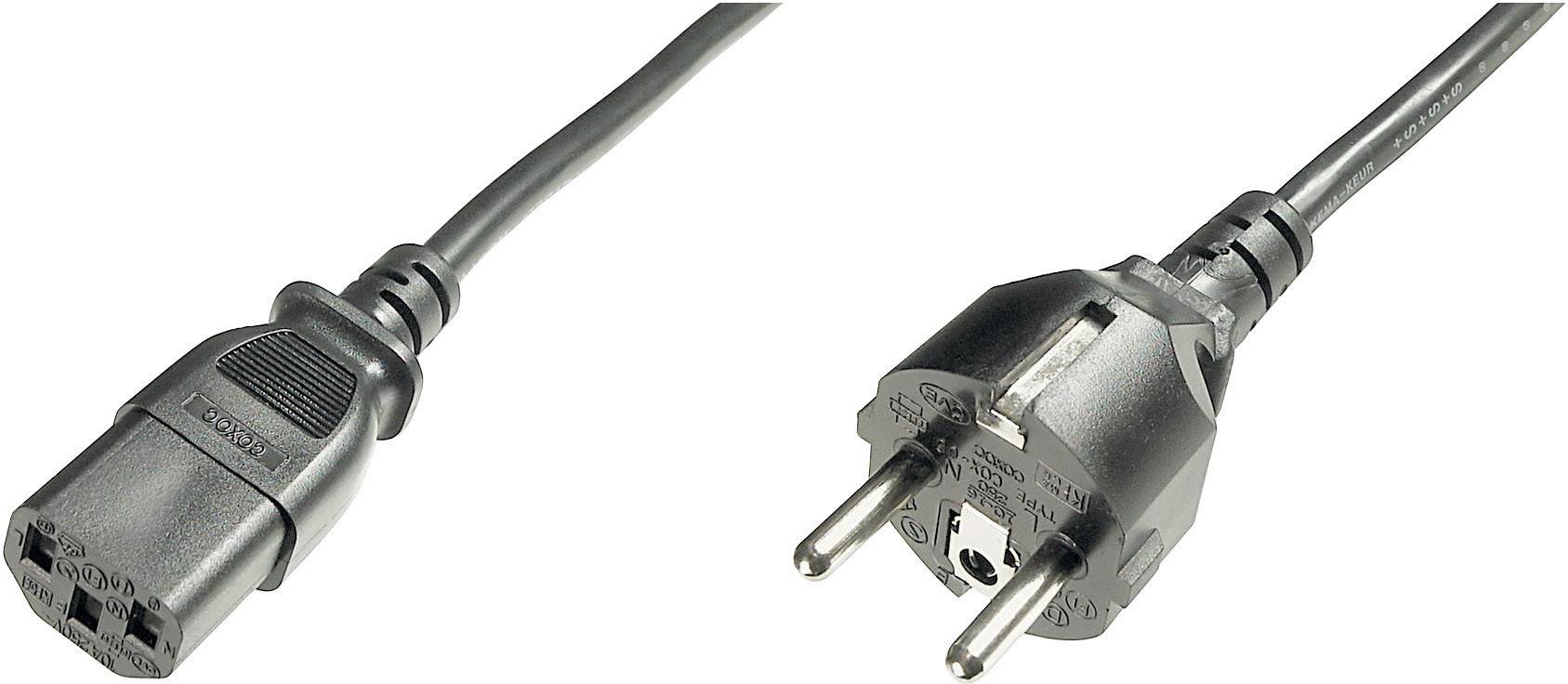 Un cavo di rete nero con una spina Schuko a destra e una spina IEC a sinistra, comunemente utilizzato per computer e dispositivi elettronici.