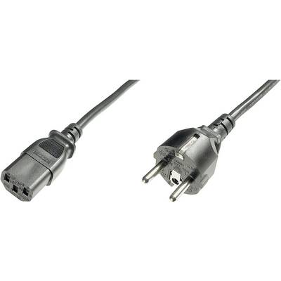 Un cavo di rete nero con una spina Schuko a destra e una spina IEC a sinistra, comunemente utilizzato per computer e dispositivi elettronici.