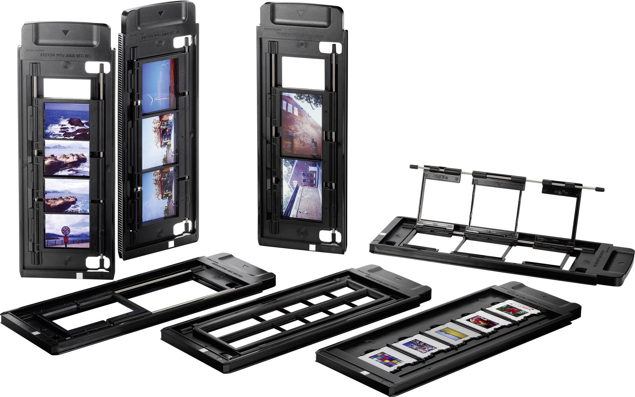 Supporto per scanner con pellicole e diapositive inserite che mostrano diverse foto. Adatto alla digitalizzazione di pellicole.