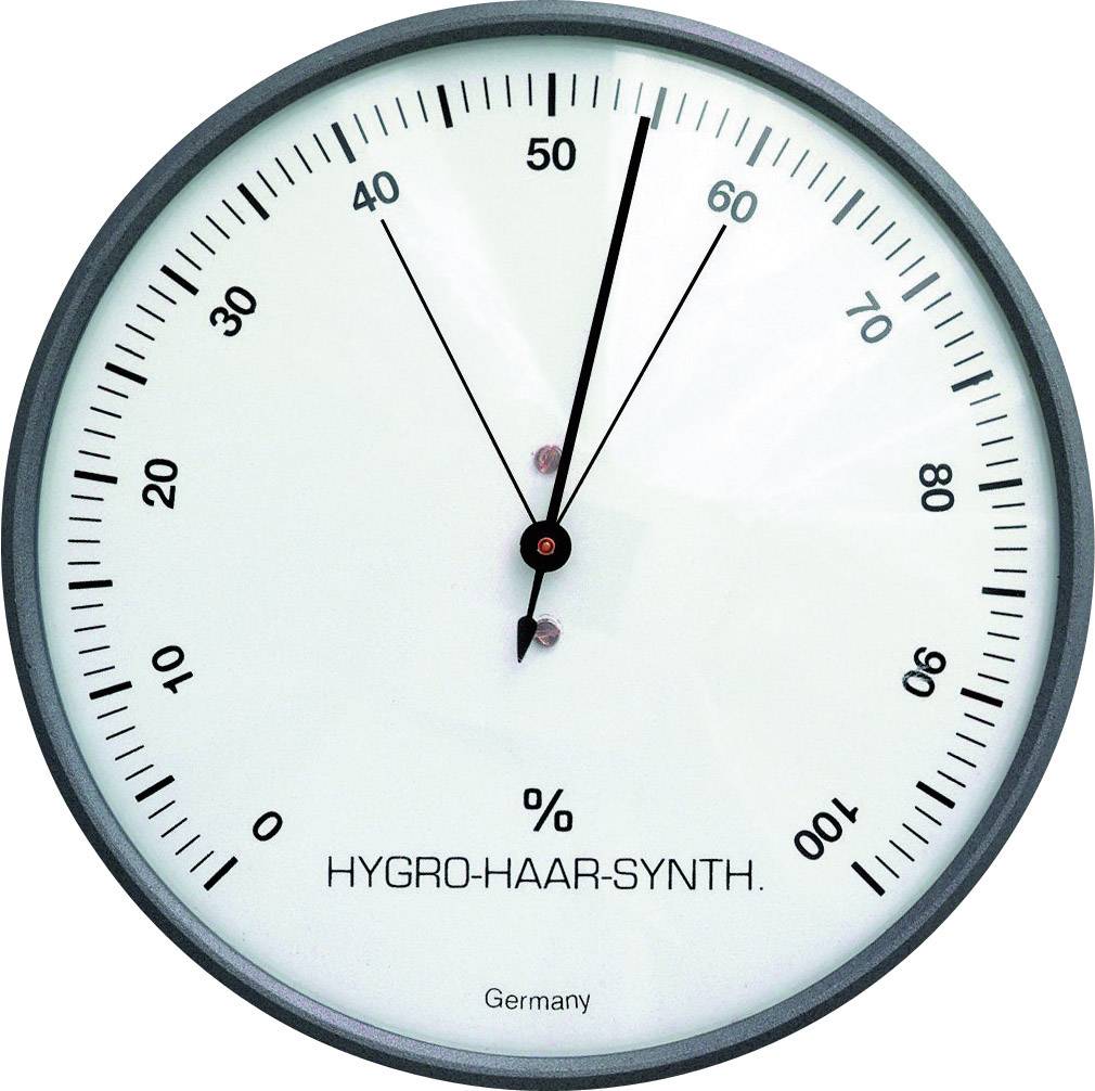 Un igrometro analogico con display a lancetta indica un'umidità dell'aria di circa il 53%. Iscrizione: 'HYGRO-HAAR-SYNTH.' proveniente dalla Germania.
