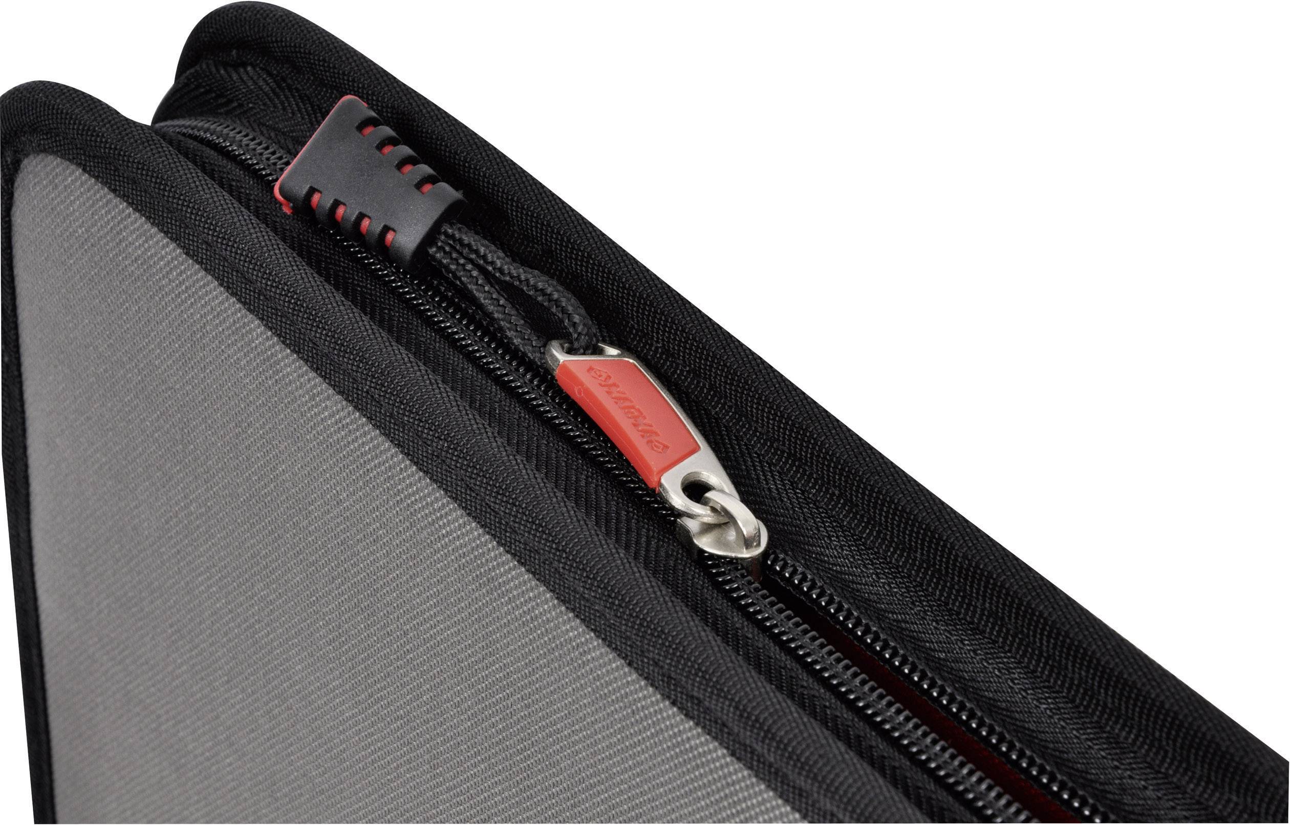 Custodia protettiva nera con cerniera rossa e parte anteriore grigia, adatta per laptop o tablet.