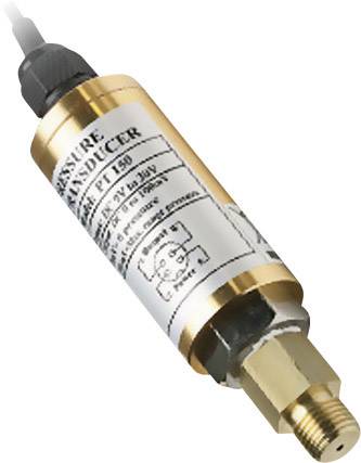 Sensore di pressione con attacco in ottone ed etichetta bianca che mostra specifiche tecniche. Cavo collegato nella parte superiore.