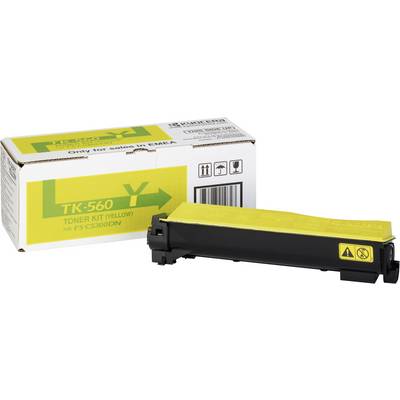 Una cartuccia toner gialla TK-560 di Kyocera prima del confezionamento, etichettata con 'Solo per la vendita in EMEA'.