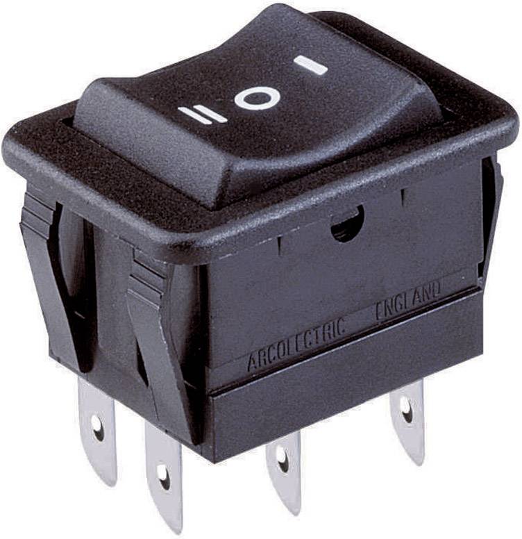 Un interruttore a levetta nero con simboli di accensione/spegnimento sulla parte superiore. Ha quattro contatti metallici visibili sul lato inferiore.