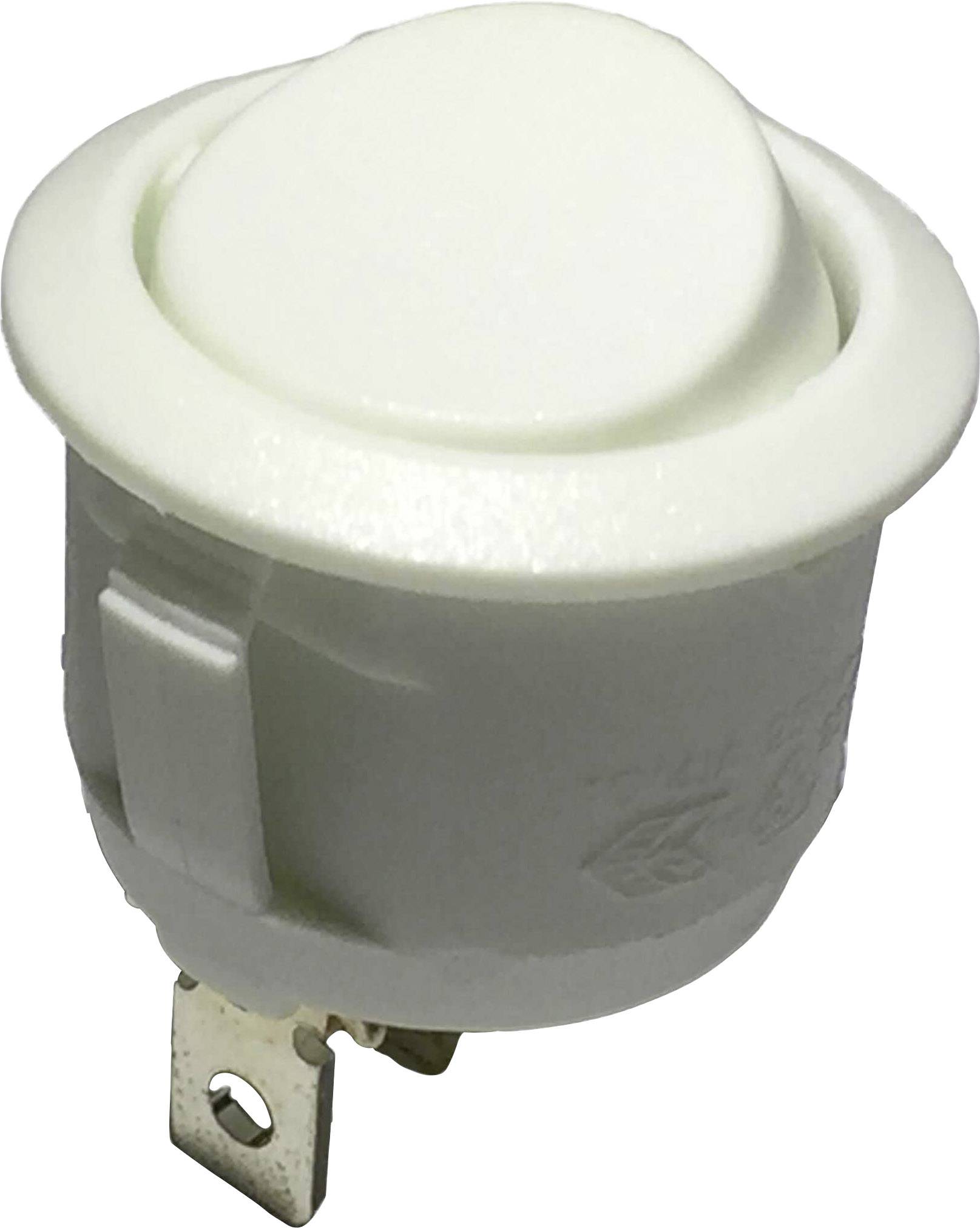Un interruttore a bilanciere bianco con attacco metallico, idoneo per dispositivi elettronici.
