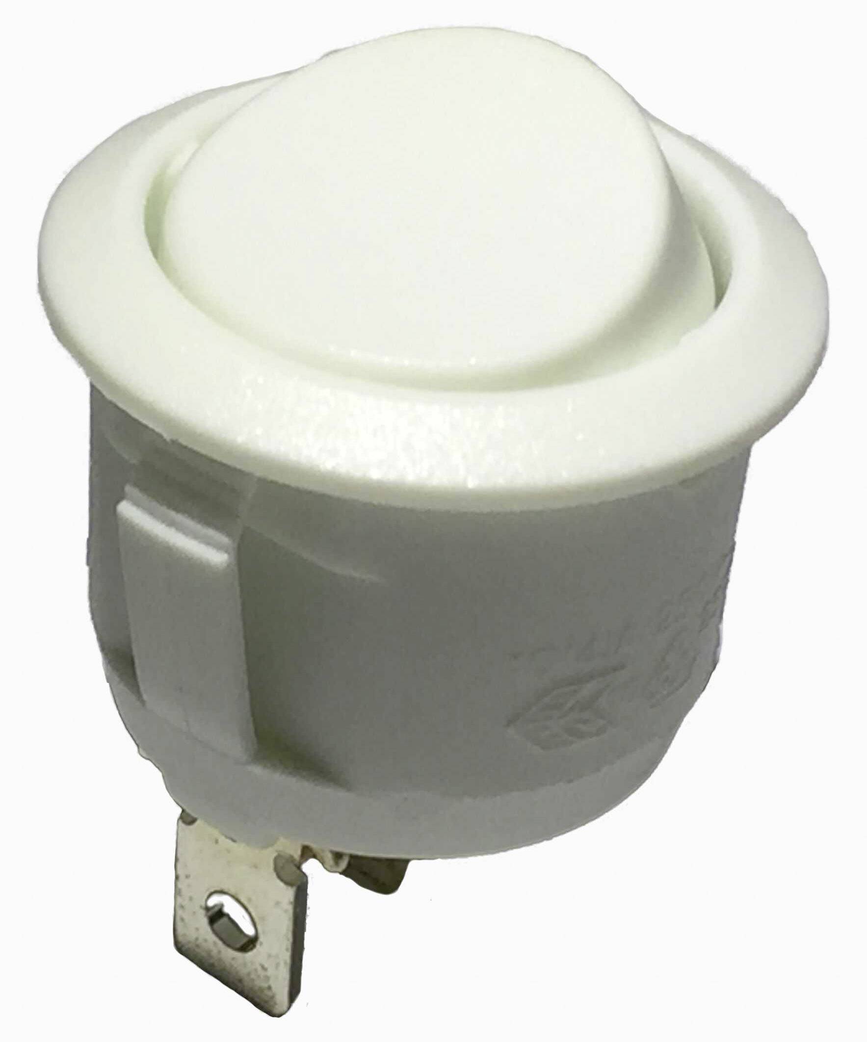 Interruttore basculante bianco rotondo con montatura in plastica, dotato di connettori metallici sul lato inferiore. Adatto per progetti elettronici.