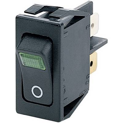 Interruttore basculante nero con rettangolo verde e cerchio bianco sul lato frontale, idoneo al controllo di dispositivi elettrici.