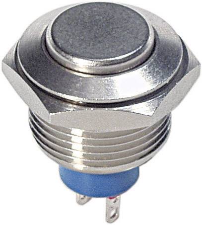 Interruttore metallico con pulsante rotondo e due connessioni, idoneo per applicazioni elettroniche.