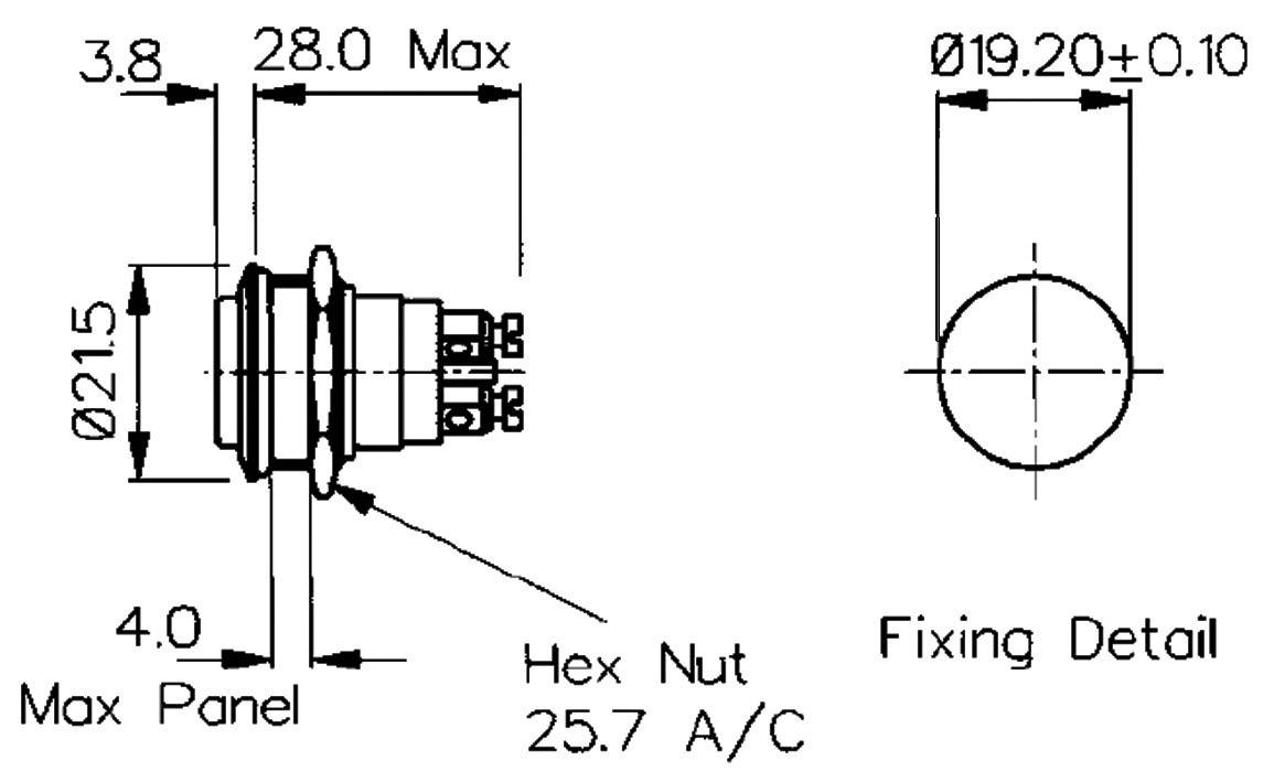Disegno tecnico di un interruttore elettrico, vista laterale e dall'alto, con misure e dettagli di fissaggio.