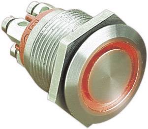 Un pulsante metallico luminoso con un anello rosso. Il pulsante potrebbe fungere da interruttore o indicatore.