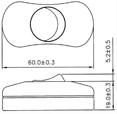 Disegno tecnico di un componente con dimensioni: Lunghezza 60,0±0,3 mm, Larghezza 19,0±0,3 mm, Altezza 5,2±0,5 mm. Vista superiore e laterale.